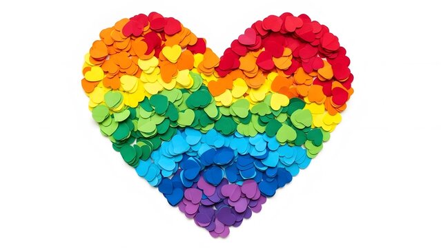 A heart shape made of rainbow colored confetti heart shapes on white background - Powered by Adobe