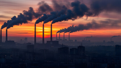Industrial Air Pollution at Sunset with Factory Smoke Emissions