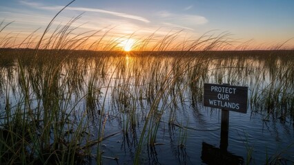 Golden sunset illuminates serene wetlands with a sign urging conservation