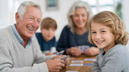 Fototapeta premium Joyful family game night with cards and laughter - togetherness and fun