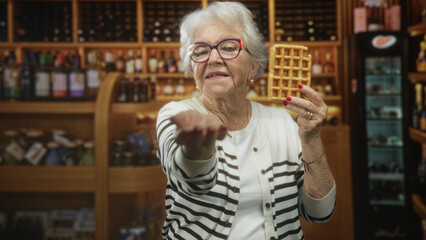Senior woman holds a waffle in one hand and extends her other palm up while wearing glasses and a striped cardigan inside a building shop offering a snack; generosity.