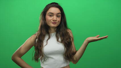 Young hispanic woman presenting with open palm hand gesture in green studio setting; uncertainty...