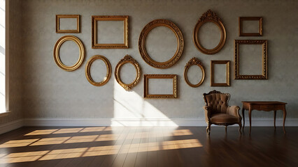 Empty Frames on Wall with Chair and Table in Sunlight.