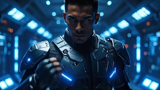 Futuristic soldier in a high-tech environment, ready for action.