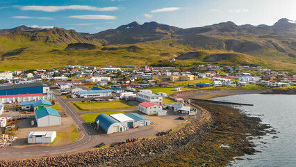 Aerial view of beautiful Grundar Fjord in summer season, Iceland.