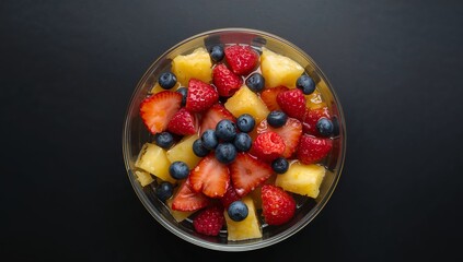 Bowl of Abstract Fruit Composition, Pineapple, Berries, and Vibrant Colors on Dark Surface.