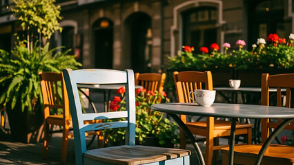 Empty outdoor cafe chair and table bathed in warm sunlight.