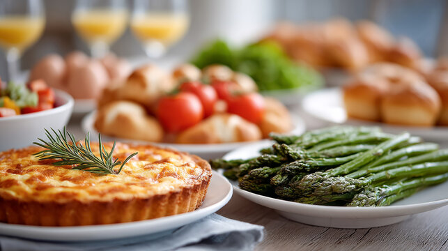 Easter brunch buffet with quiche, asparagus, and fresh vegetables for a festive holiday meal