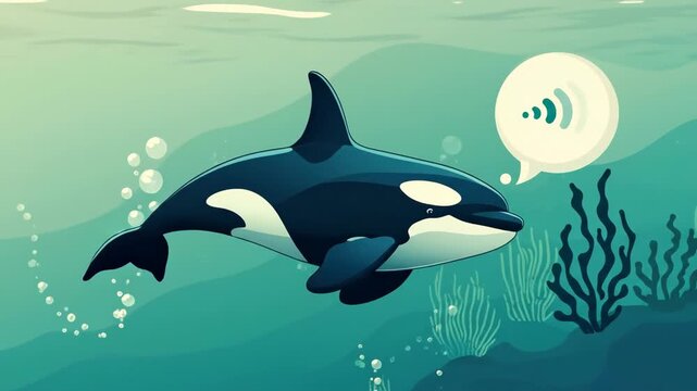 Orca whale emitting echolocation sound waves underwater in a natural ocean environment. Marine animal acoustic communication concept.