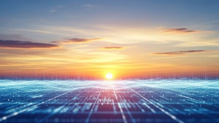 Digital landscape at sunset with glowing data streams