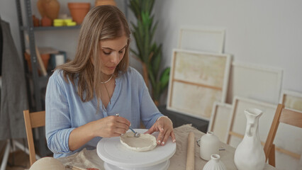 Blonde woman uses bare hands and metal sculpting tool to shape clay bowl on rotating stand in bright artisan studio; serenity.