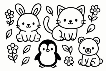 Obraz premium Cute Animal Outline Characters Illustration Set