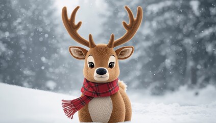 Cartoon Deer Portrait in Snowy Ambiance, Wearing Red Plaid Scarf, Digital Illustration.