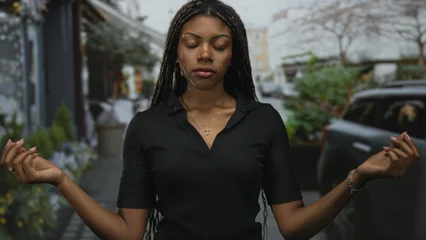 Fototapete Rund Lotusblume Woman with closed eyes meditating with hands open in a lotus gesture on a city street  mindfulness meditation serenity.  © Krakenimages.com