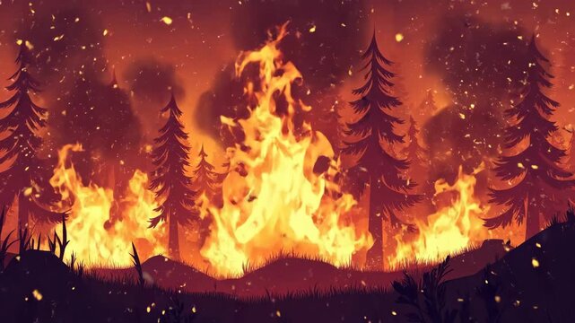 Forest fire with growing flames, smoke, and embers. Ecological disaster concept. Animation of nature hazard destroying trees.
