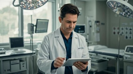 Caucasian man doctor using digital tablet with concentration in hospital room. Medical professional analyzing patient data on device for modern healthcare. - Powered by Adobe