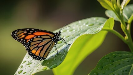 A delicate monarch butterfly rests on a dew-kissed green leaf, showcasing its vibrant orange and black wings in soft morning light.
