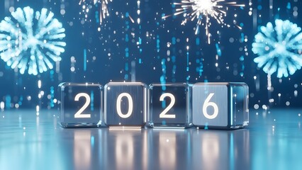 A festive 3D illustration of fireworks over snowy winter scenery celebrating New Year 2014 with a happy holiday card design