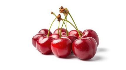 Ripe cherries with vibrant red color and slight sheen, arranged in a pile with green stems on white background, fresh and juicy