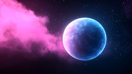 Surreal binary star system with blue orbiting planets and magenta cosmic cloud