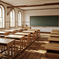 Interior of a Historic Empty Classroom with Natural Light.