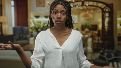 Woman beckons with hand inside hotel building, wearing white blouse and folded arms, steady direct gaze; frustration.