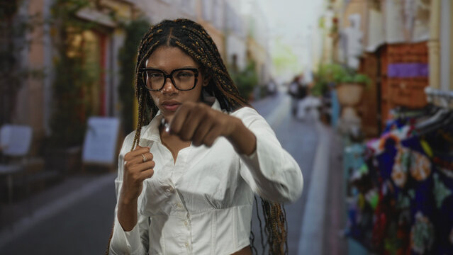 Woman holding fists up in a guarded boxing stance on a bustling city street with braided hair, glasses and white shirt visible; determination.