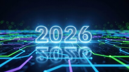Glowing 2026 numbers on futuristic circuit board year