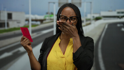 Woman holding norwegian passport on highway outdoor wearing glasses and yellow shirt, expressing emotion with hand covering her face.