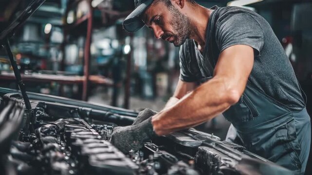 Medium shot of a mechanic adjusting diesel engine settings in a van to improve city driving performance and reduce emissions