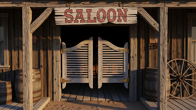Old West Saloon Entrance with Swinging Doors and Wagon Wheel.