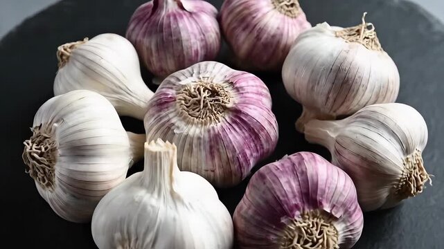 Closeup of fresh garlic bulbs arranged on a dark surface showcasing their natural beauty and culinary appeal.