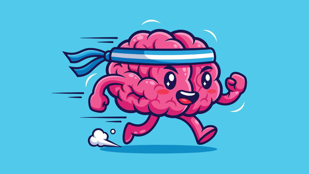 Cartoon pink brain running fast with a blue headband illustrating mental activity and health.