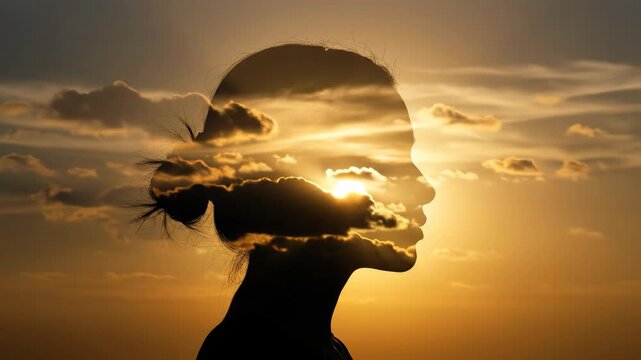 Woman silhouette with sunset clouds inside her head represents thought, mindfulness, and creative mind