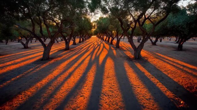 Sunrise casts long shadows over rows of orange trees emphasizing textured bark and lush green foliage with rich golden hues in this tranquil grove.