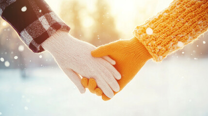 Warm connection: two hands holding together in winter knit gloves during snowfall