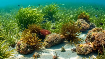 Vibrant underwater meadow teeming with marine life and colorful coral.