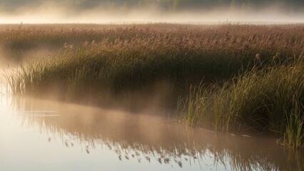 Golden mist rises over calm water and tall reeds at sunrise