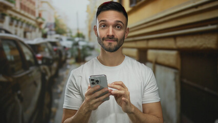 Young man using smartphone on urban street with cars in background, showcasing technology in...