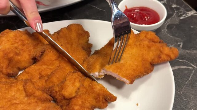 Girl eats with fork and knife appetizing chicken schnitzel and dips it in ketchup red sauce traditional Austrian food restaurant white plate meat in Klaar