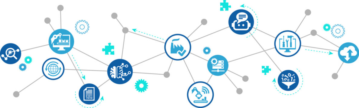 smart factory vector illustration. Concept with icons related to automation, ai in production processes, industrial control, smart technology & robotics in manufacturing, autonomous systems, iot.