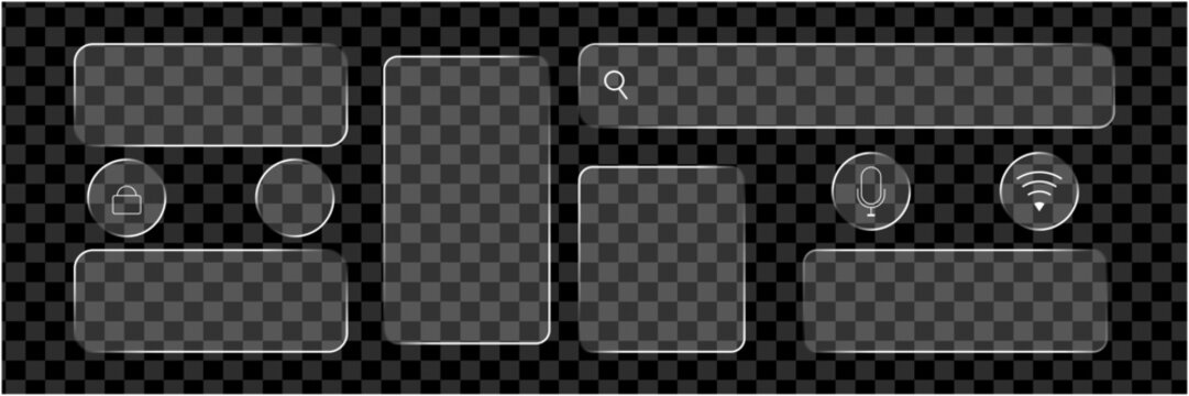 Modern glassmorphism UI elements set with translucent rectangular frames, rounded search bar, circular buttons featuring diverse icons, isolated on transparent background, ideal for sleek app design.