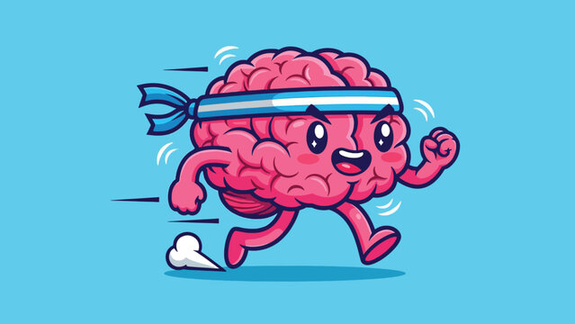 Happy pink cartoon brain running with a blue headband symbolizing mental fitness.
