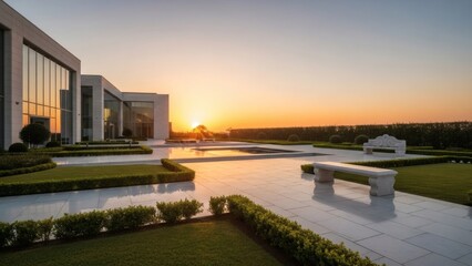 Modern architectural estate with serene reflecting pool at sunset, showcasing elegant design and tranquil outdoor space.