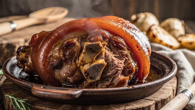 Delicious Roasted Pork Knuckle with Herbs and Spices on a Rustic Table.