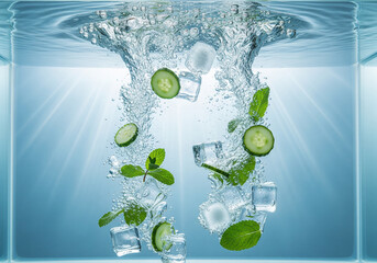Slices of fresh cucumber and mint leaves with ice cubes falling into water splash - with copy space