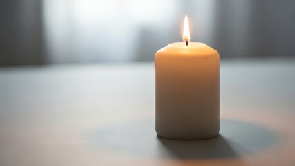 Softly glowing candle casting a gentle light and shadow on a quiet surface.