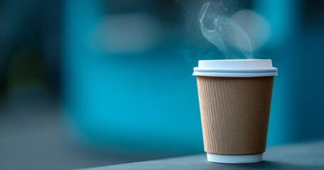 Steaming hot coffee in a disposable brown paper cup with white lid on a smooth surface against a blurred blue background