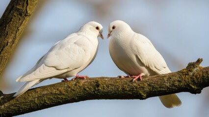 Two white doves perched on a branch, symbolizing peace and love.
