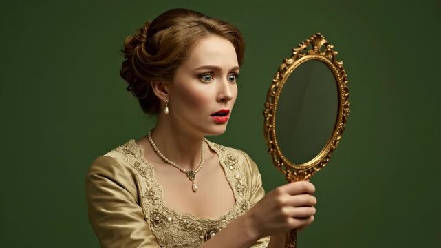 Young caucasian woman with surprised expression looks at mirror in renaissance historical costume. Emotional reaction of beauty for fashion and period concept.